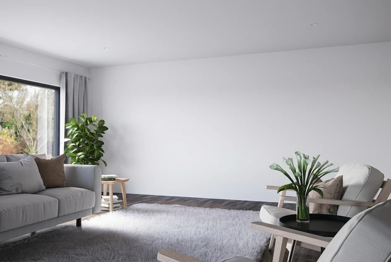 Cinewall mit TV und Elektrokamin in einem modernen Wohnzimmer (Vorher)